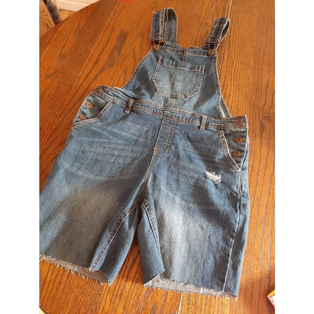 Jr Junior Size 11 True Craft Denim Overall Shorts Romper Blue Jean Distressed
